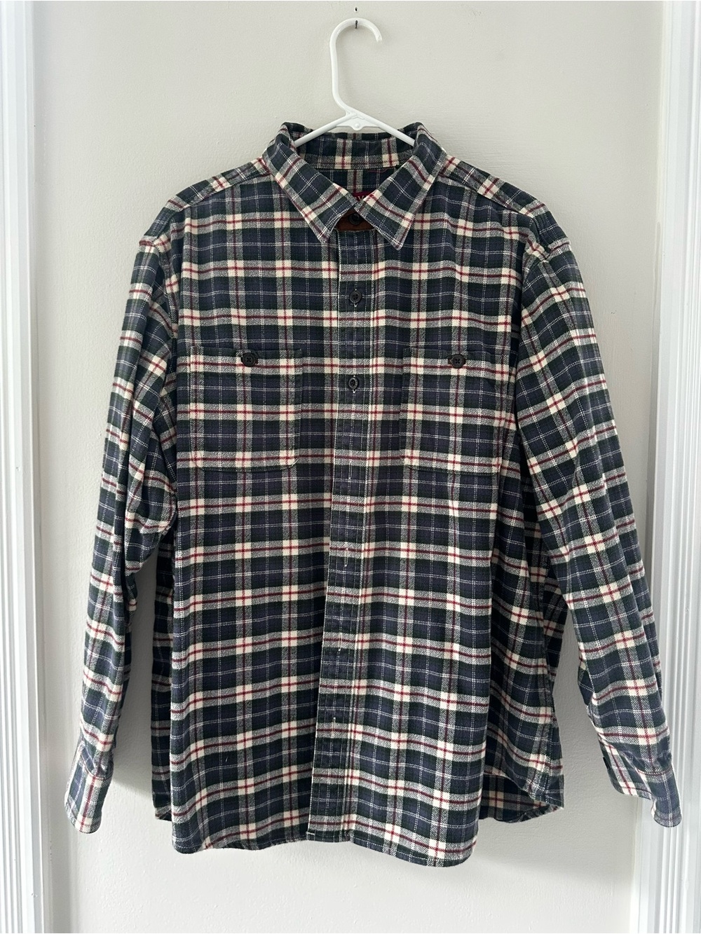 Orvis Men's Dark Green and White Plaid Flannel Shirt
